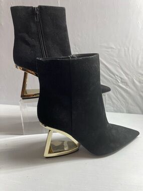 Gianni Bini Black Suede Pointed Ankle Booties with Gold Geometric Heel